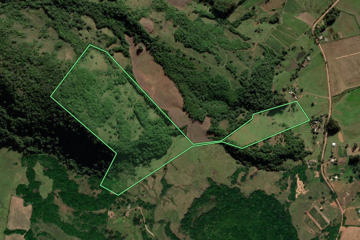 Imagem de satélite do imóvel rural em Mata (RS), com o contorno declarado no CAR desenhado por cima.