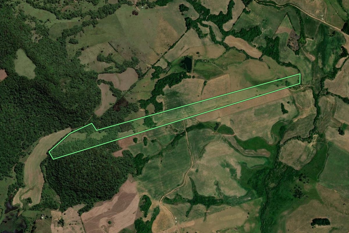 Imagem de satélite do imóvel rural em Mata (RS), com o contorno declarado no CAR desenhado por cima.