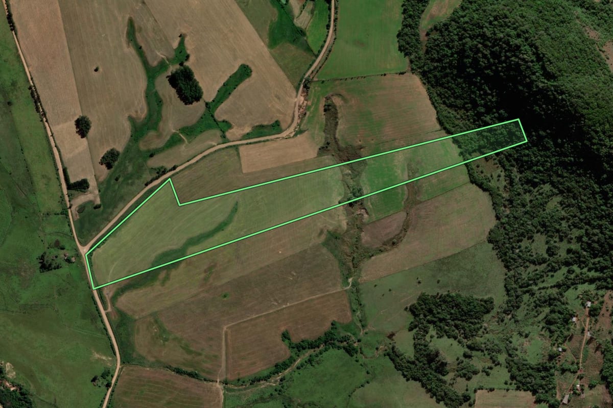 Imagem de satélite do imóvel rural em Mata (RS), com o contorno declarado no CAR desenhado por cima.