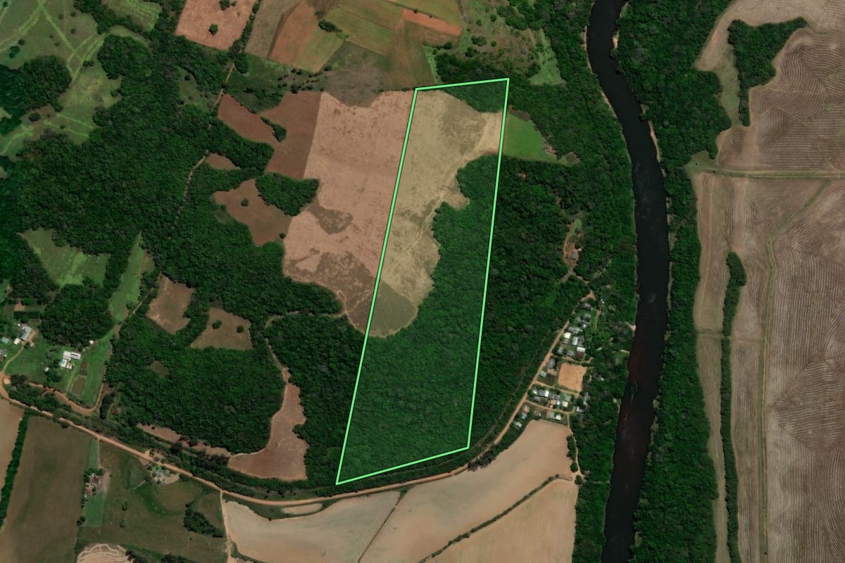 Imagem de satélite do imóvel rural em Mata (RS), com o contorno declarado no CAR desenhado por cima.
