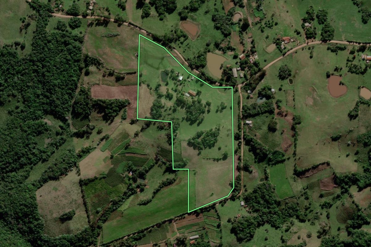Imagem de satélite do imóvel rural em Mata (RS), com o contorno declarado no CAR desenhado por cima.