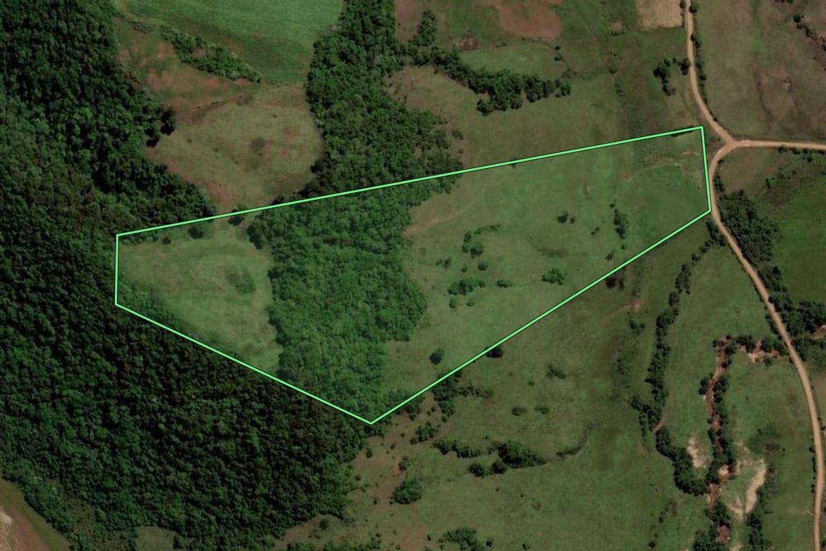 Imagem de satélite do imóvel rural em Mata (RS), com o contorno declarado no CAR desenhado por cima.