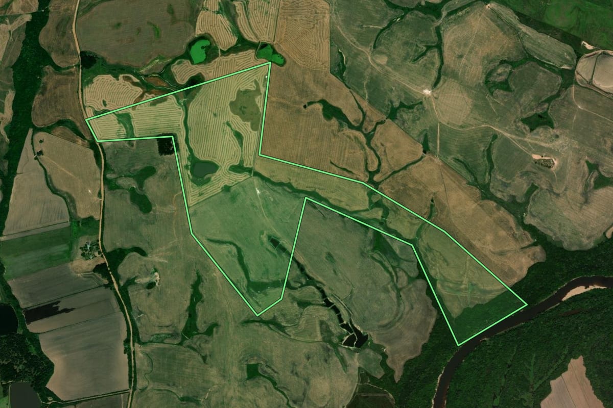 Imagem de satélite do imóvel rural em Mata (RS), com o contorno declarado no CAR desenhado por cima.