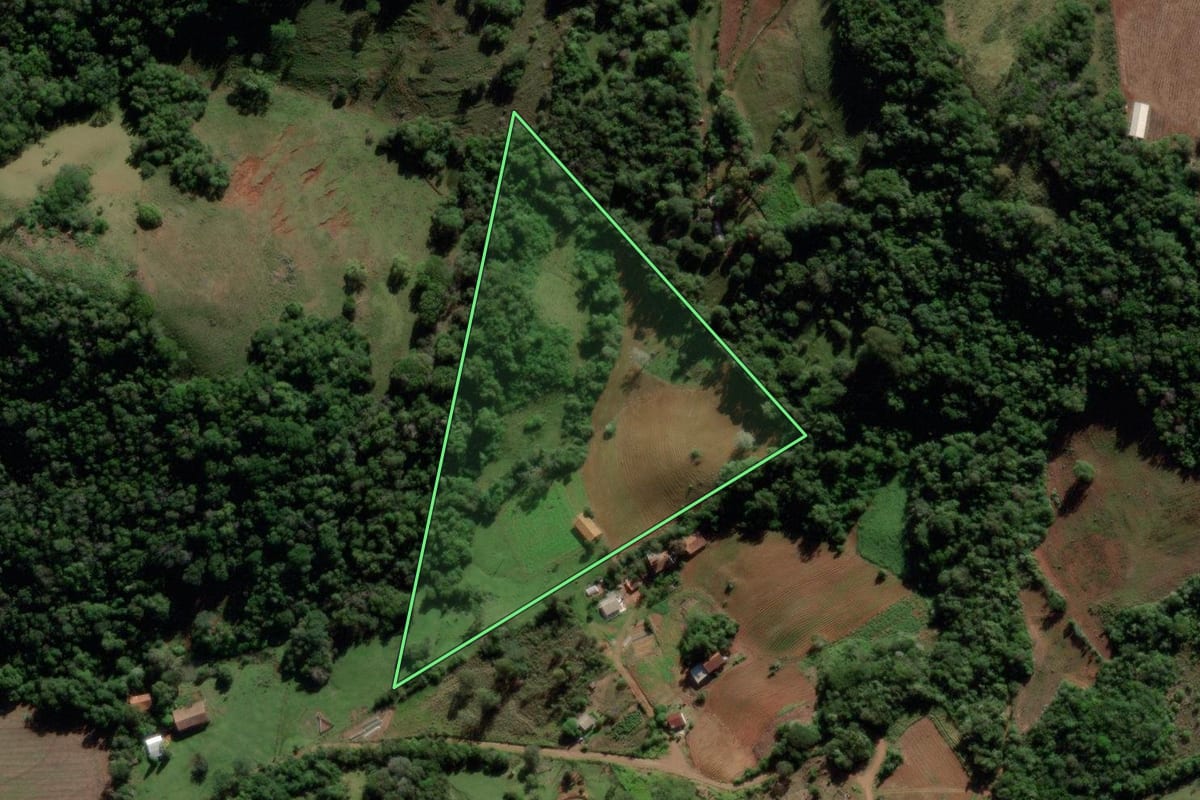 Imagem de satélite do imóvel rural em Mata (RS), com o contorno declarado no CAR desenhado por cima.