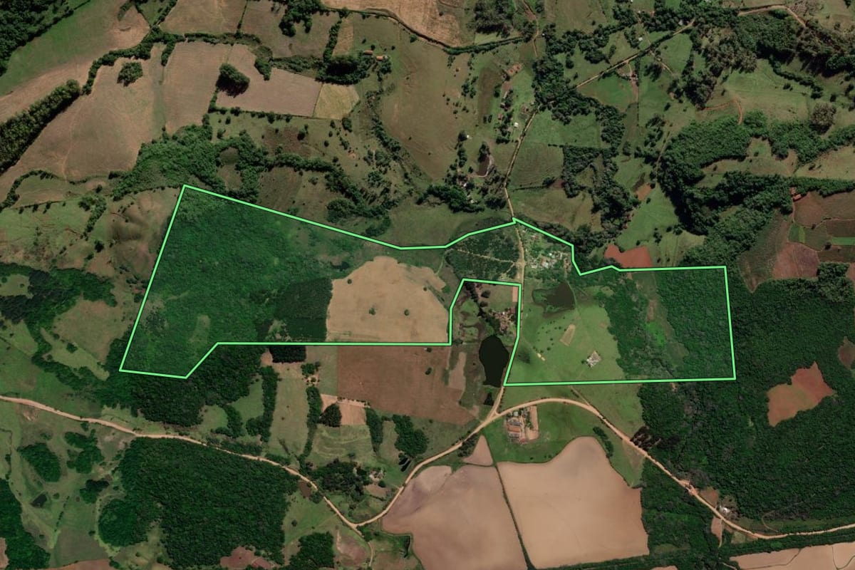 Imagem de satélite do imóvel rural em Mata (RS), com o contorno declarado no CAR desenhado por cima.