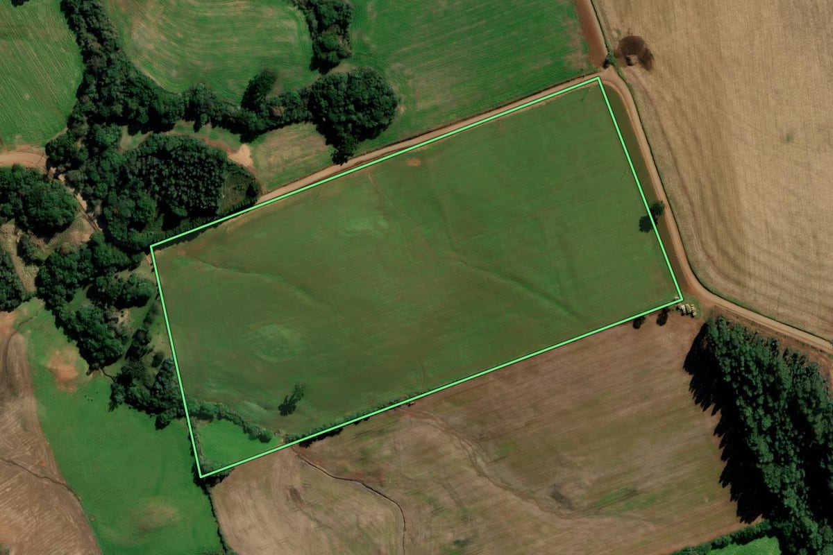 Imagem de satélite do imóvel rural em Mato Castelhano (RS), com o contorno declarado no CAR desenhado por cima.