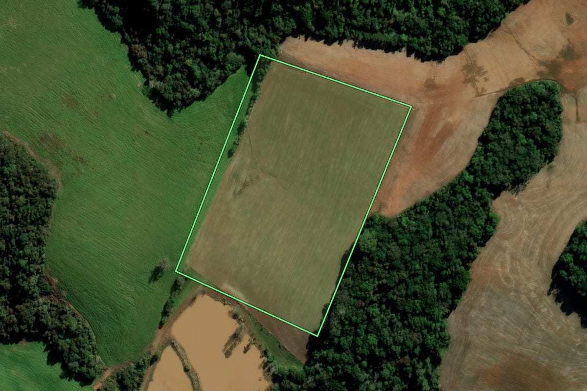 Imagem de satélite do imóvel rural em Mato Castelhano (RS), com o contorno declarado no CAR desenhado por cima.
