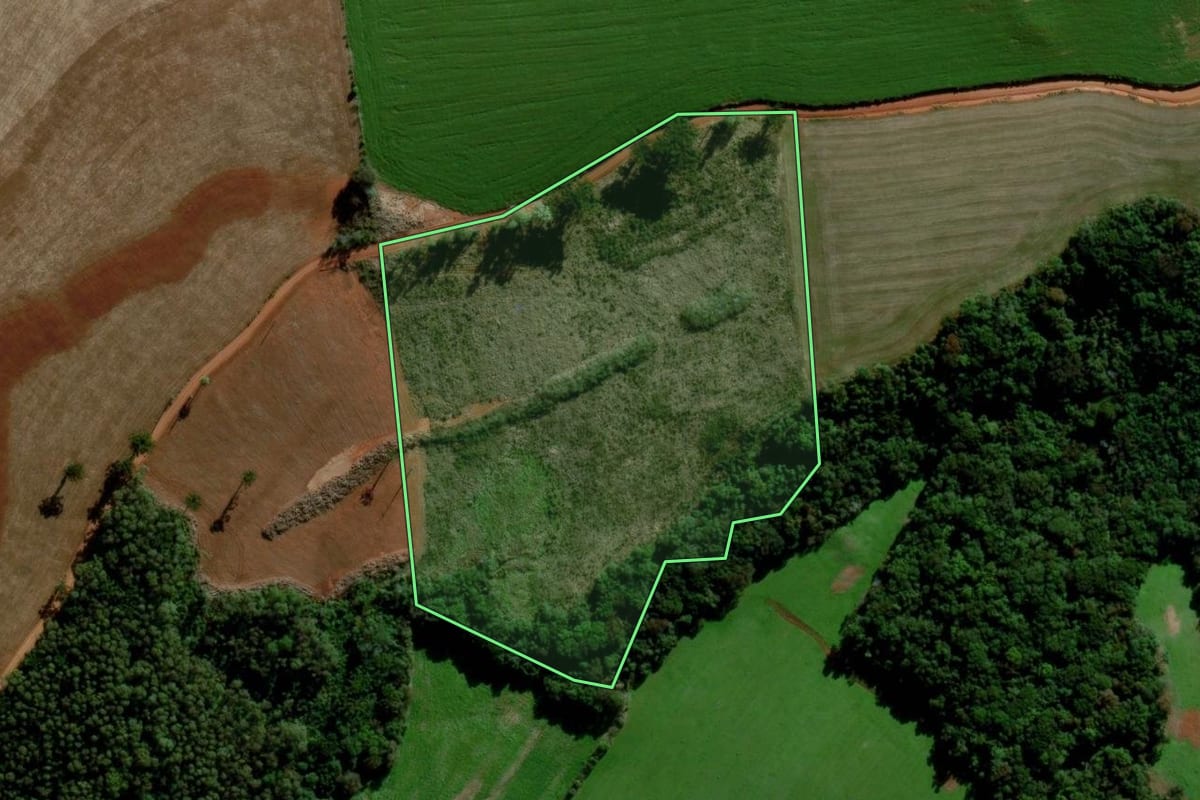 Imagem de satélite do imóvel rural em Mato Castelhano (RS), com o contorno declarado no CAR desenhado por cima.