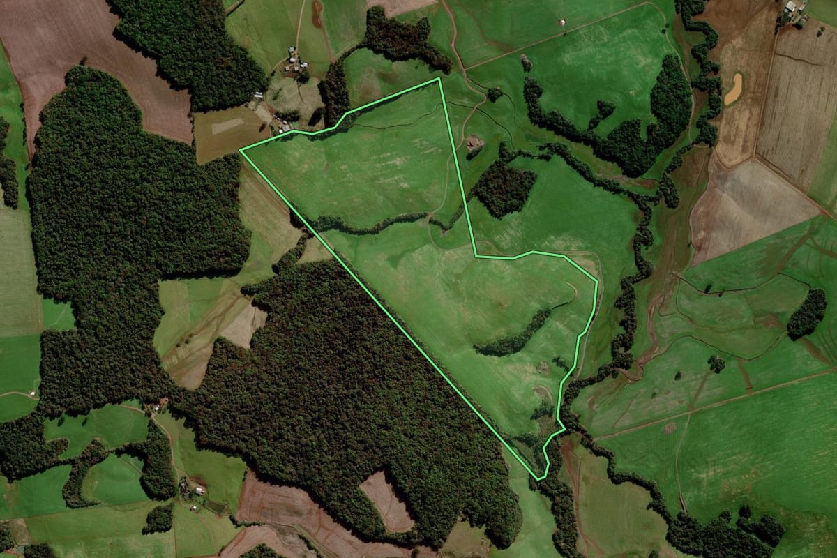Imagem de satélite do imóvel rural em Mato Castelhano (RS), com o contorno declarado no CAR desenhado por cima.