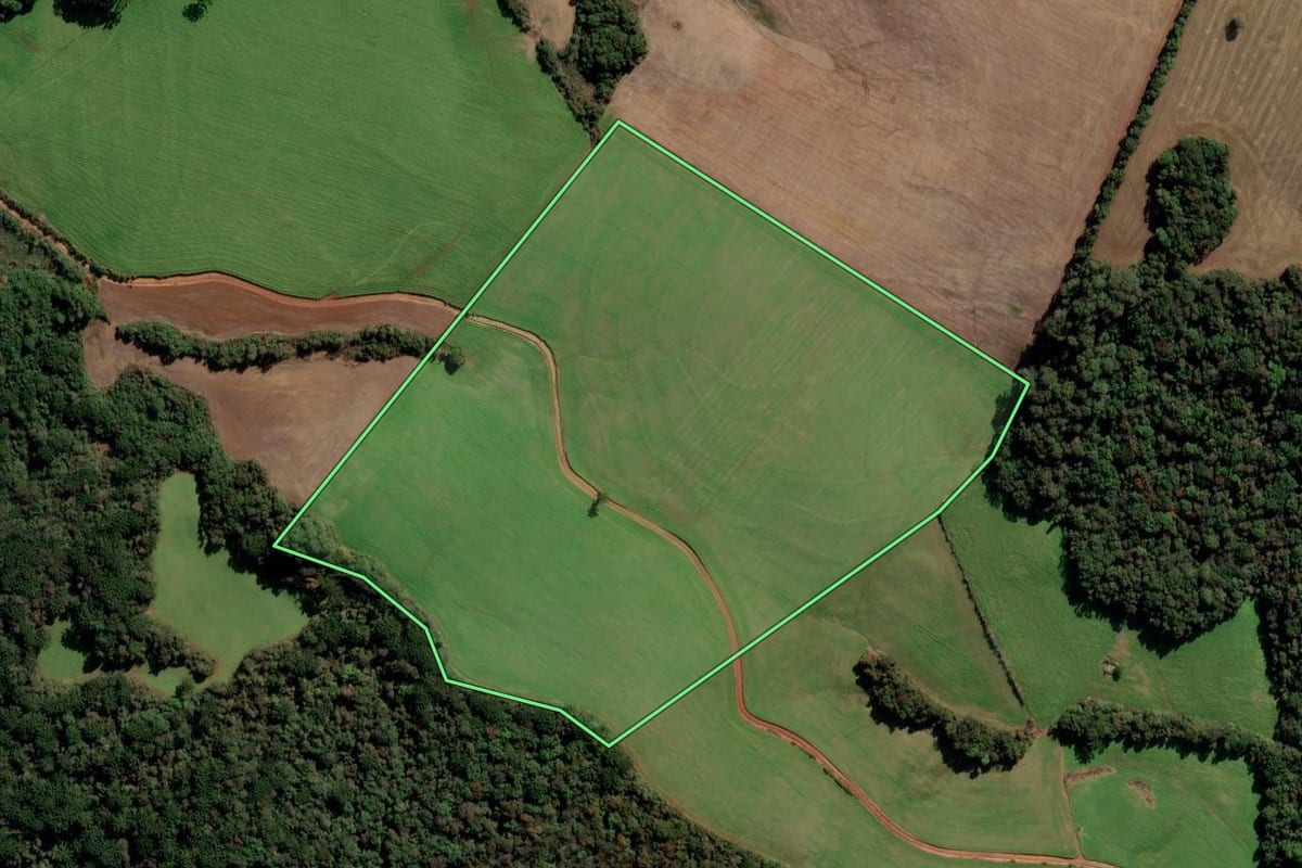 Imagem de satélite do imóvel rural em Mato Castelhano (RS), com o contorno declarado no CAR desenhado por cima.