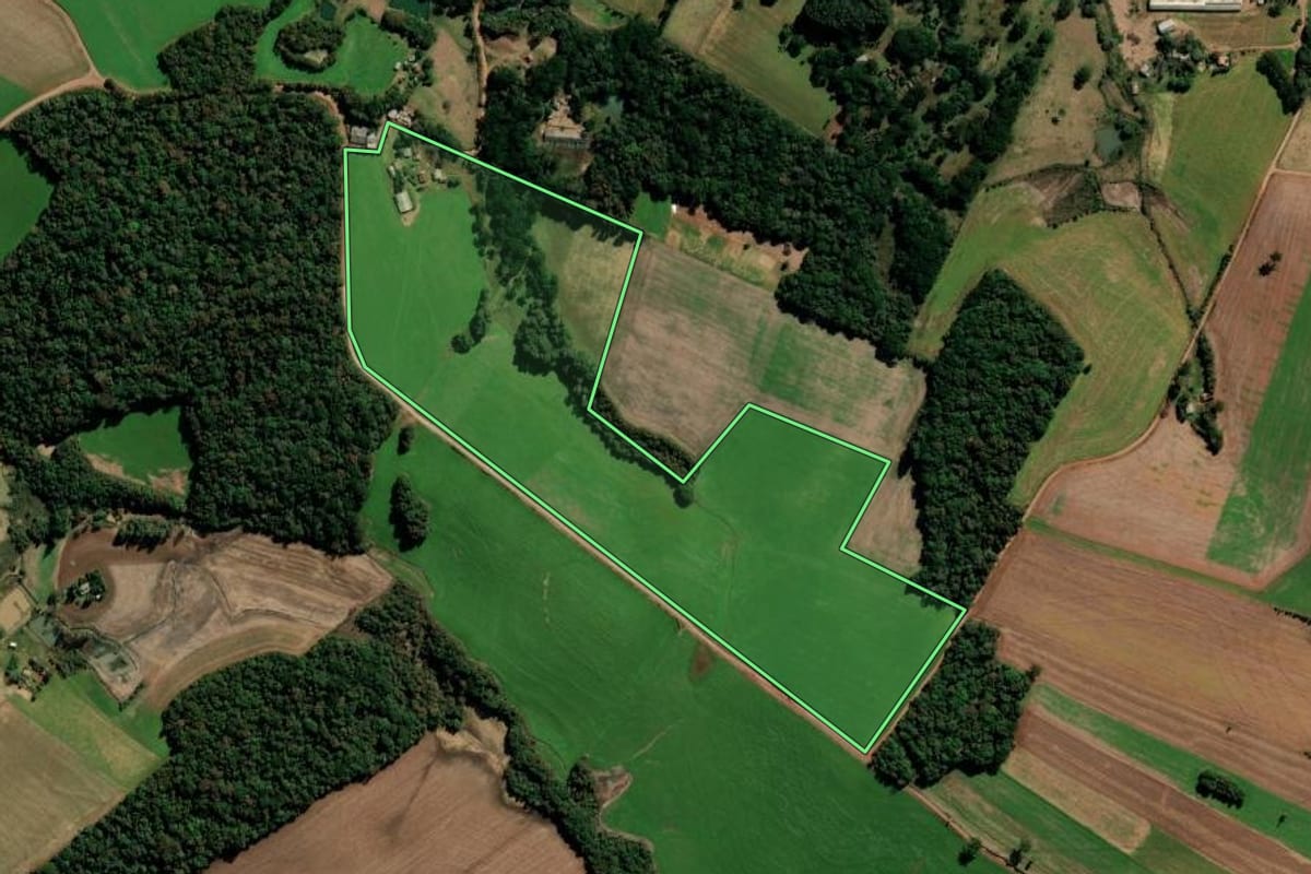 Imagem de satélite do imóvel rural em Mato Castelhano (RS), com o contorno declarado no CAR desenhado por cima.