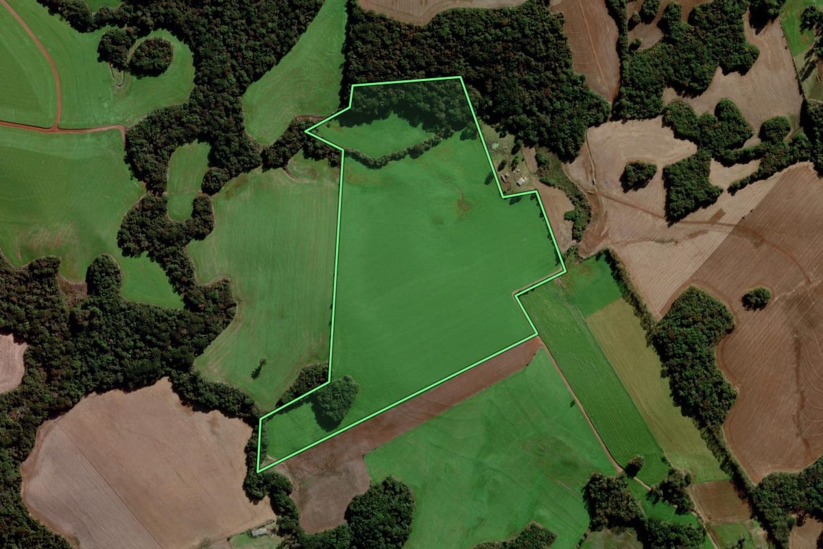 Imagem de satélite do imóvel rural em Mato Castelhano (RS), com o contorno declarado no CAR desenhado por cima.