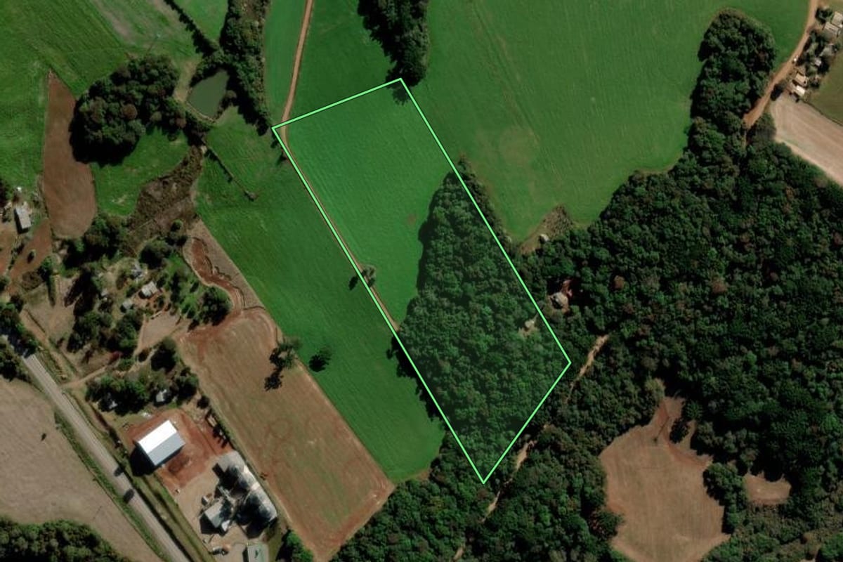 Imagem de satélite do imóvel rural em Mato Castelhano (RS), com o contorno declarado no CAR desenhado por cima.