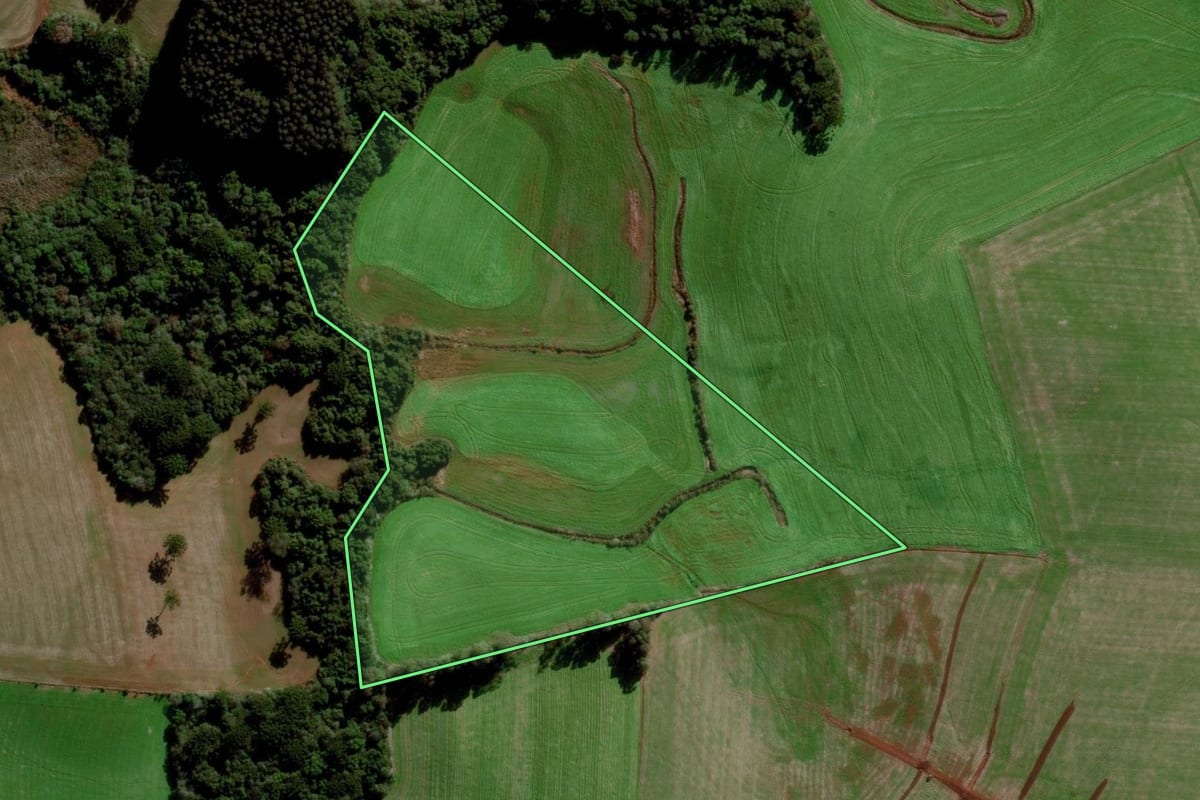 Imagem de satélite do imóvel rural em Mato Castelhano (RS), com o contorno declarado no CAR desenhado por cima.