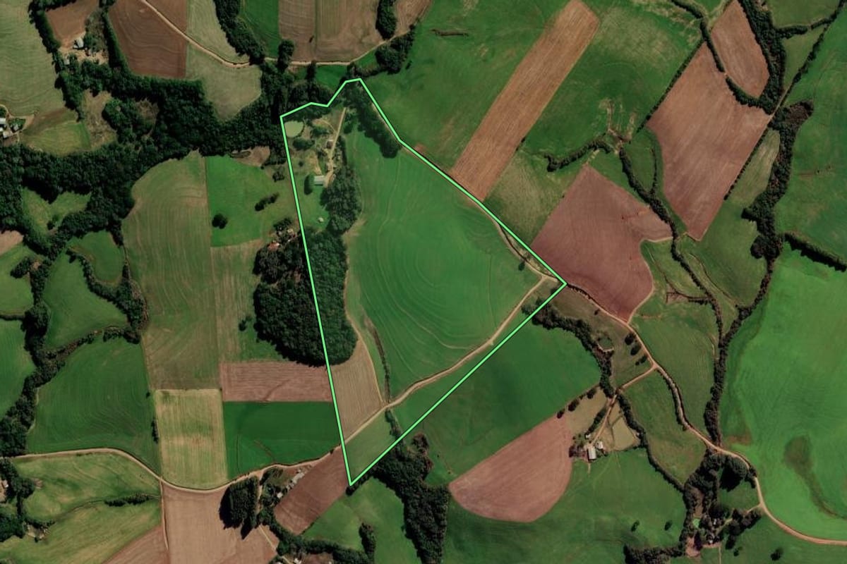 Imagem de satélite do imóvel rural em Mato Castelhano (RS), com o contorno declarado no CAR desenhado por cima.