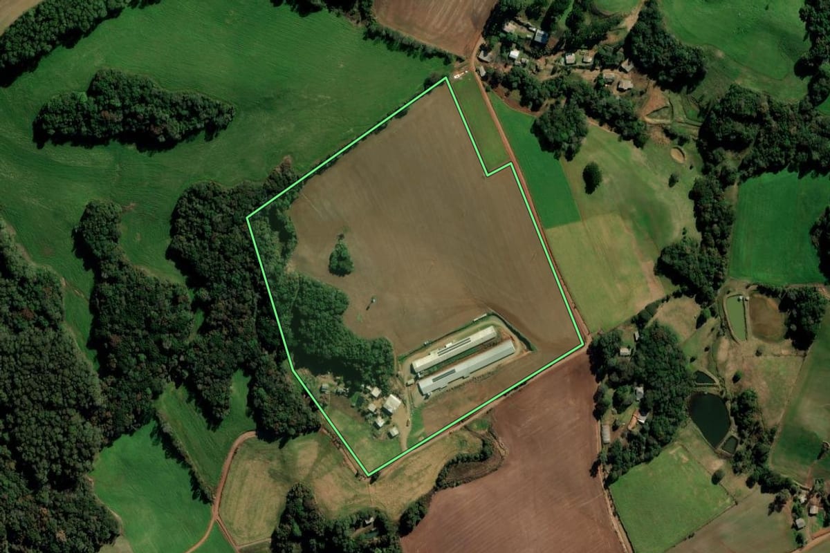 Imagem de satélite do imóvel rural em Mato Castelhano (RS), com o contorno declarado no CAR desenhado por cima.