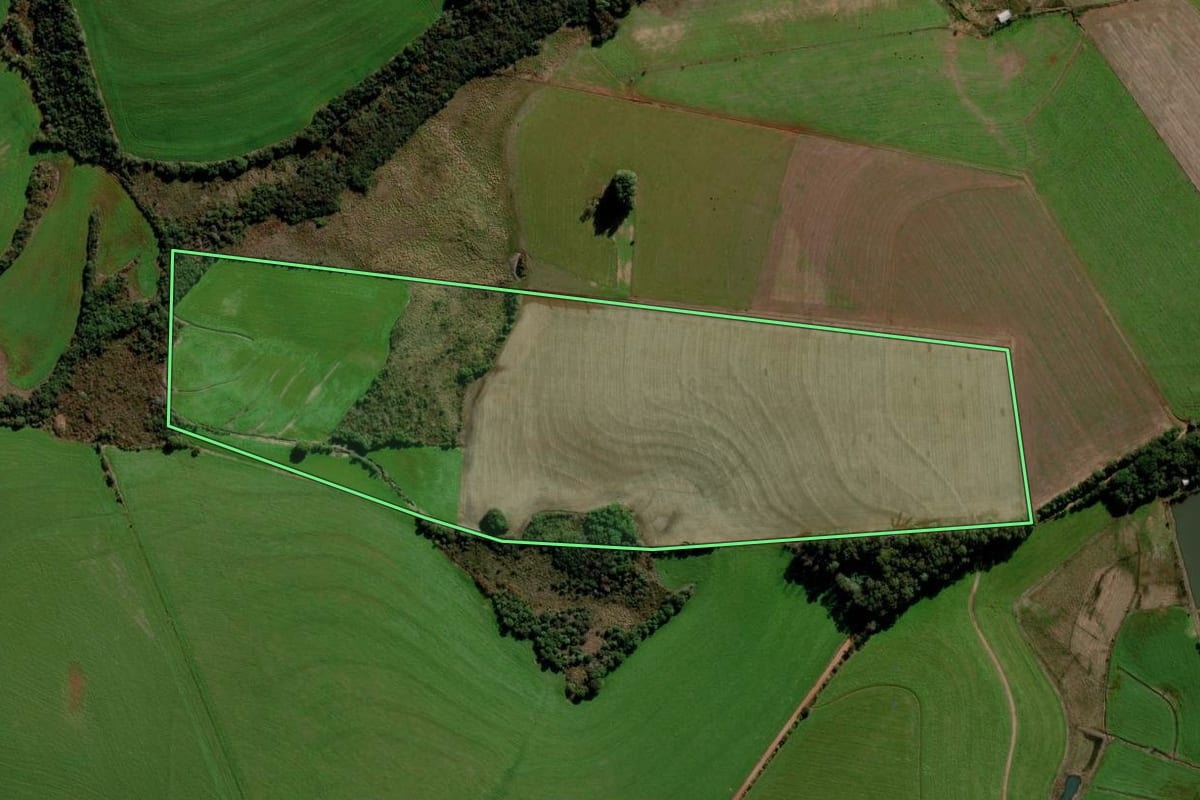Imagem de satélite do imóvel rural em Mato Castelhano (RS), com o contorno declarado no CAR desenhado por cima.
