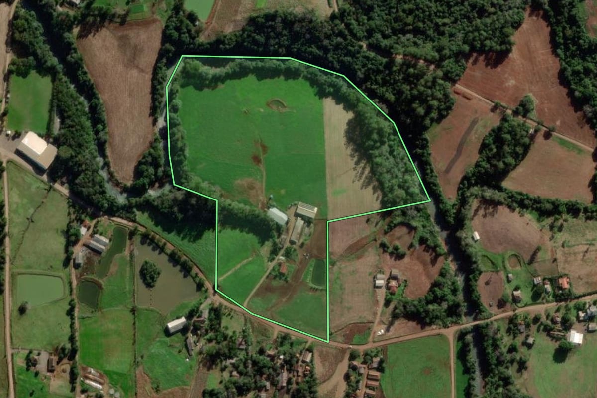 Imagem de satélite do imóvel rural em Mato Leitão (RS), com o contorno declarado no CAR desenhado por cima.