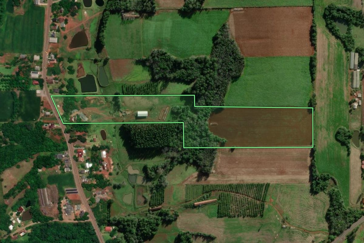 Imagem de satélite do imóvel rural em Mato Leitão (RS), com o contorno declarado no CAR desenhado por cima.