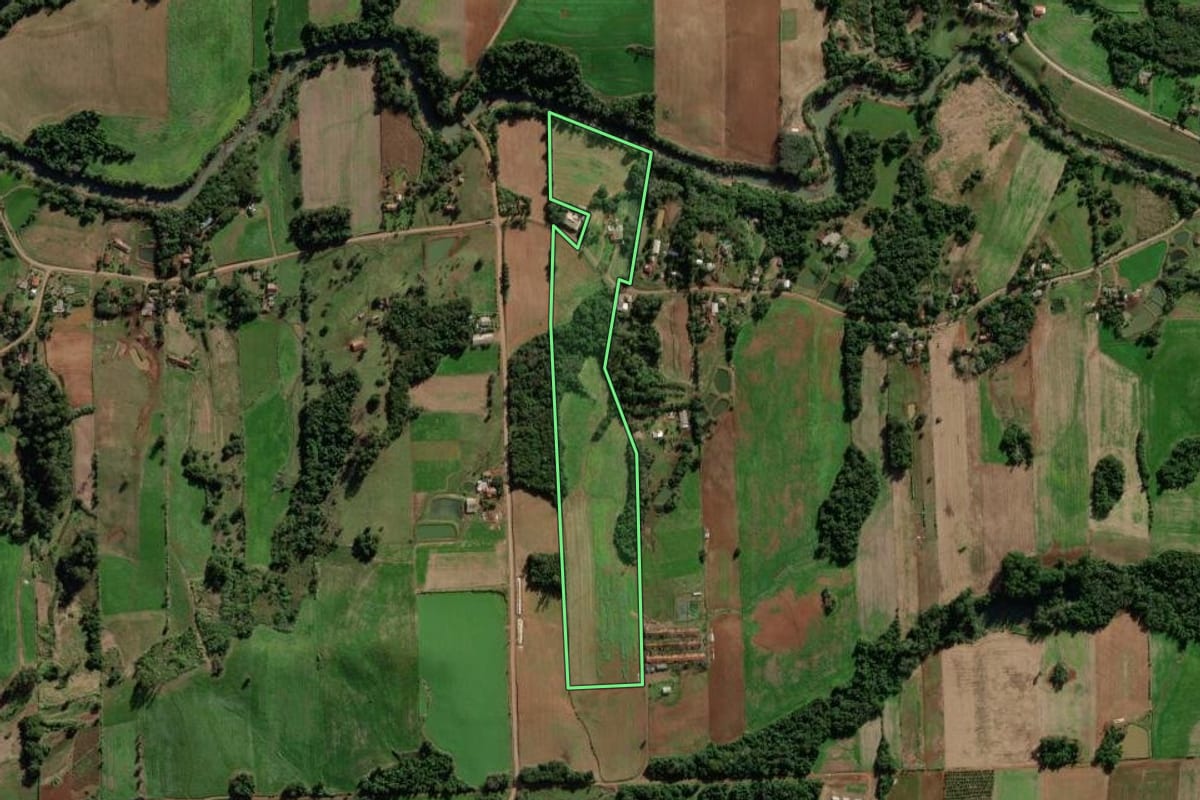 Imagem de satélite do imóvel rural em Mato Leitão (RS), com o contorno declarado no CAR desenhado por cima.