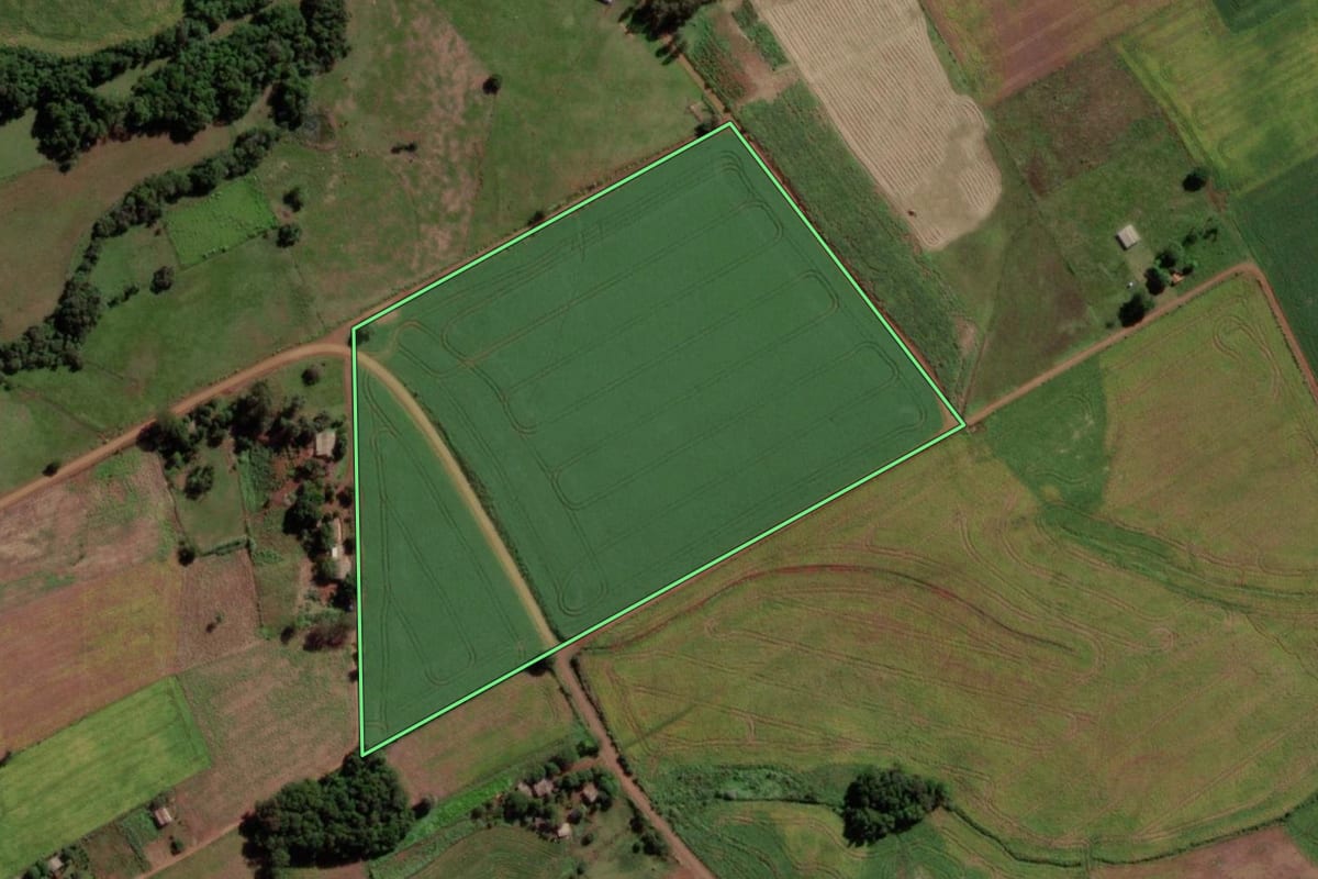 Imagem de satélite do imóvel rural em Mato Queimado (RS), com o contorno declarado no CAR desenhado por cima.