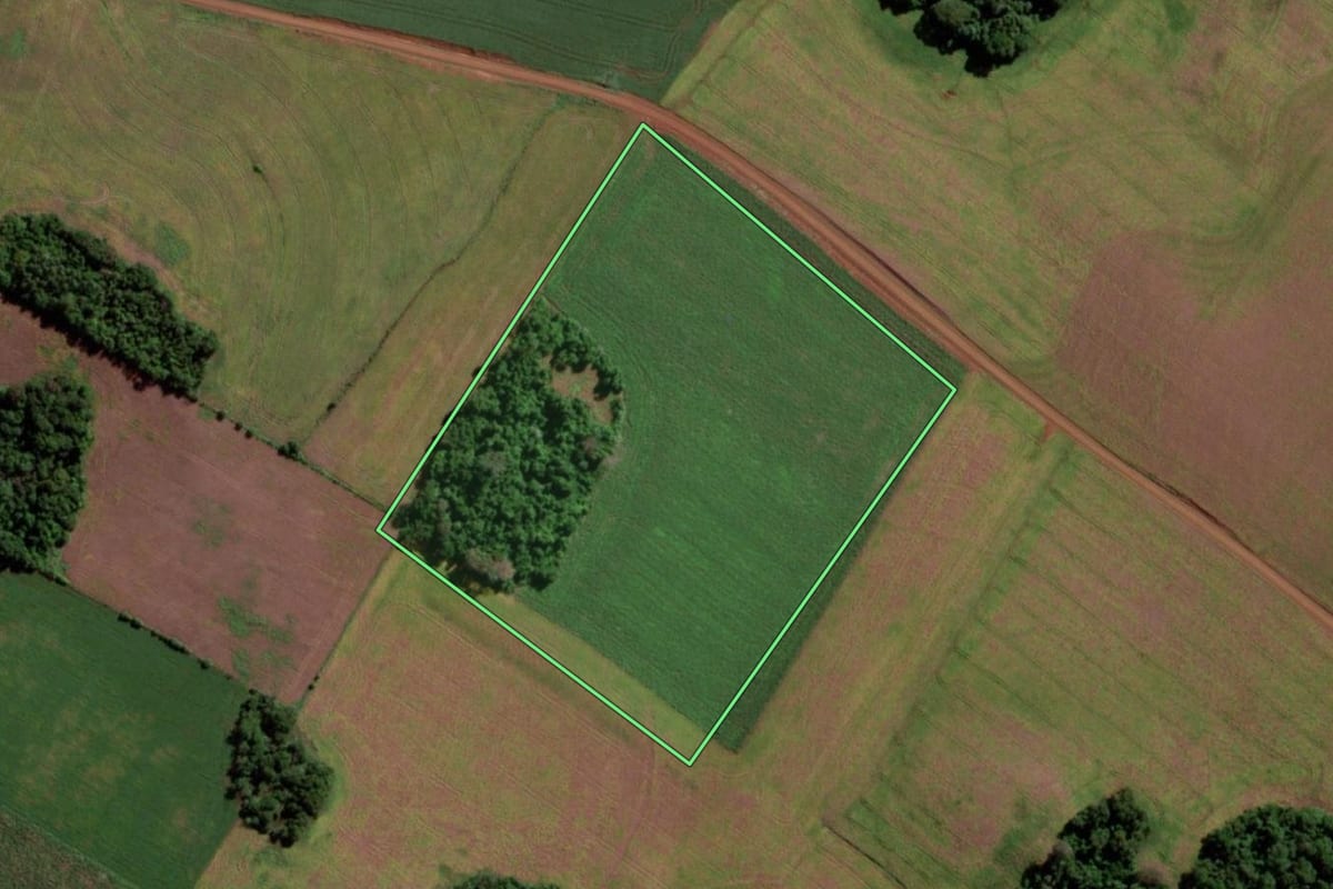 Imagem de satélite do imóvel rural em Mato Queimado (RS), com o contorno declarado no CAR desenhado por cima.