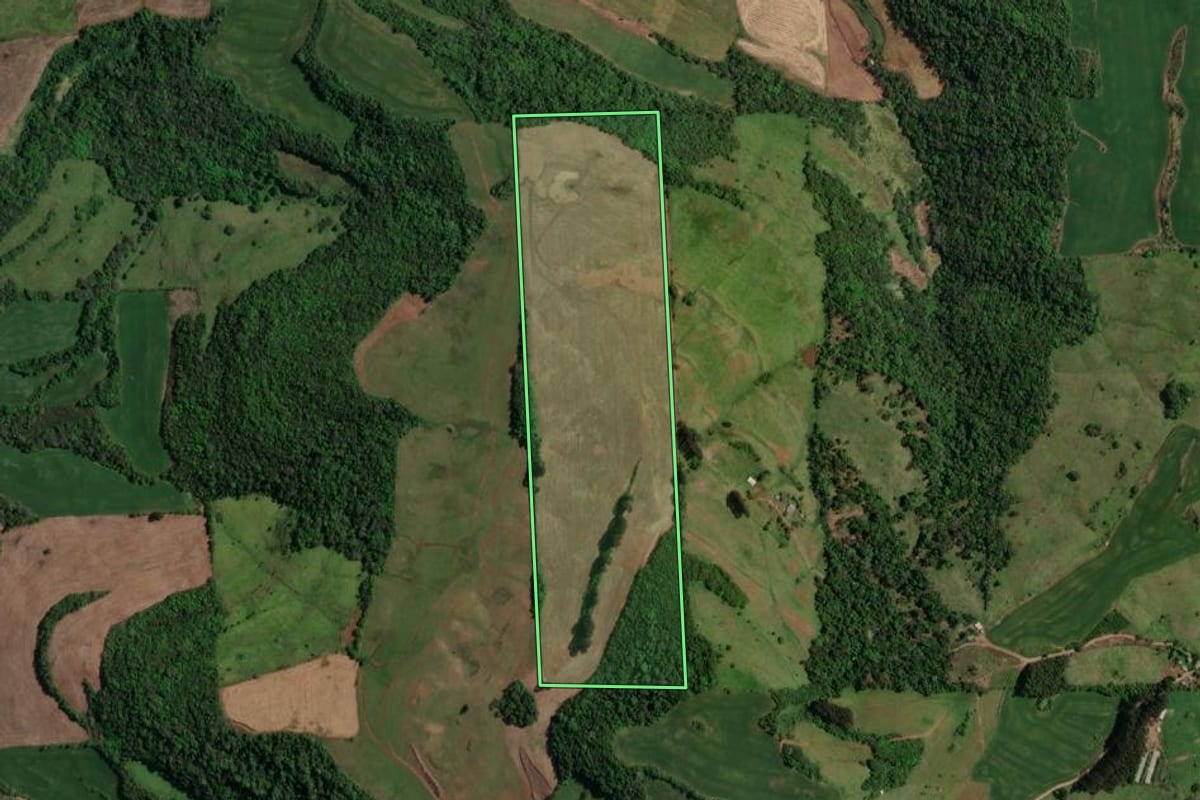 Imagem de satélite do imóvel rural em Maximiliano de Almeida (RS), com o contorno declarado no CAR desenhado por cima.