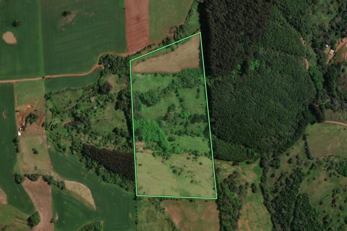 Imagem de satélite do imóvel rural em Maximiliano de Almeida (RS), com o contorno declarado no CAR desenhado por cima.