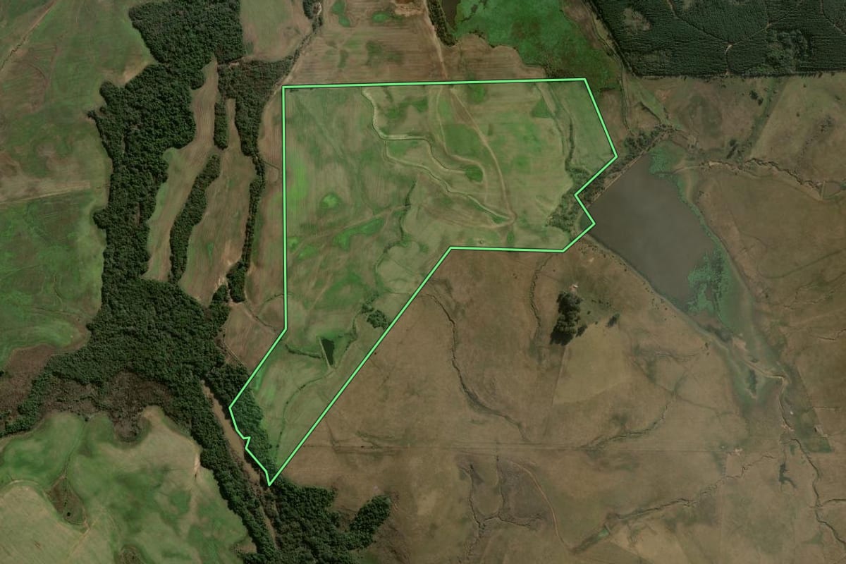Imagem de satélite do imóvel rural em Minas do Leão (RS), com o contorno declarado no CAR desenhado por cima.