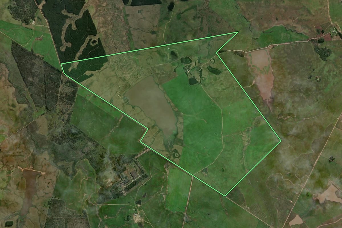 Imagem de satélite do imóvel rural em Minas do Leão (RS), com o contorno declarado no CAR desenhado por cima.
