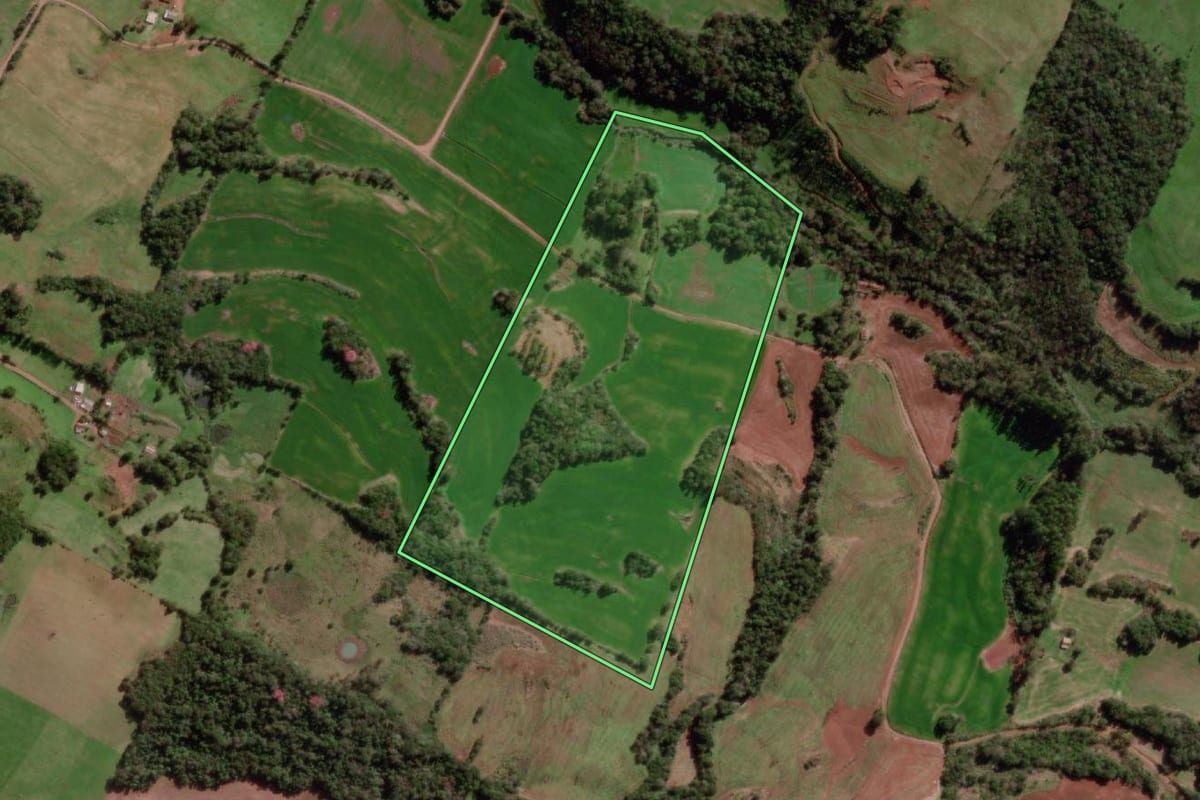 Imagem de satélite do imóvel rural em Miraguaí (RS), com o contorno declarado no CAR desenhado por cima.