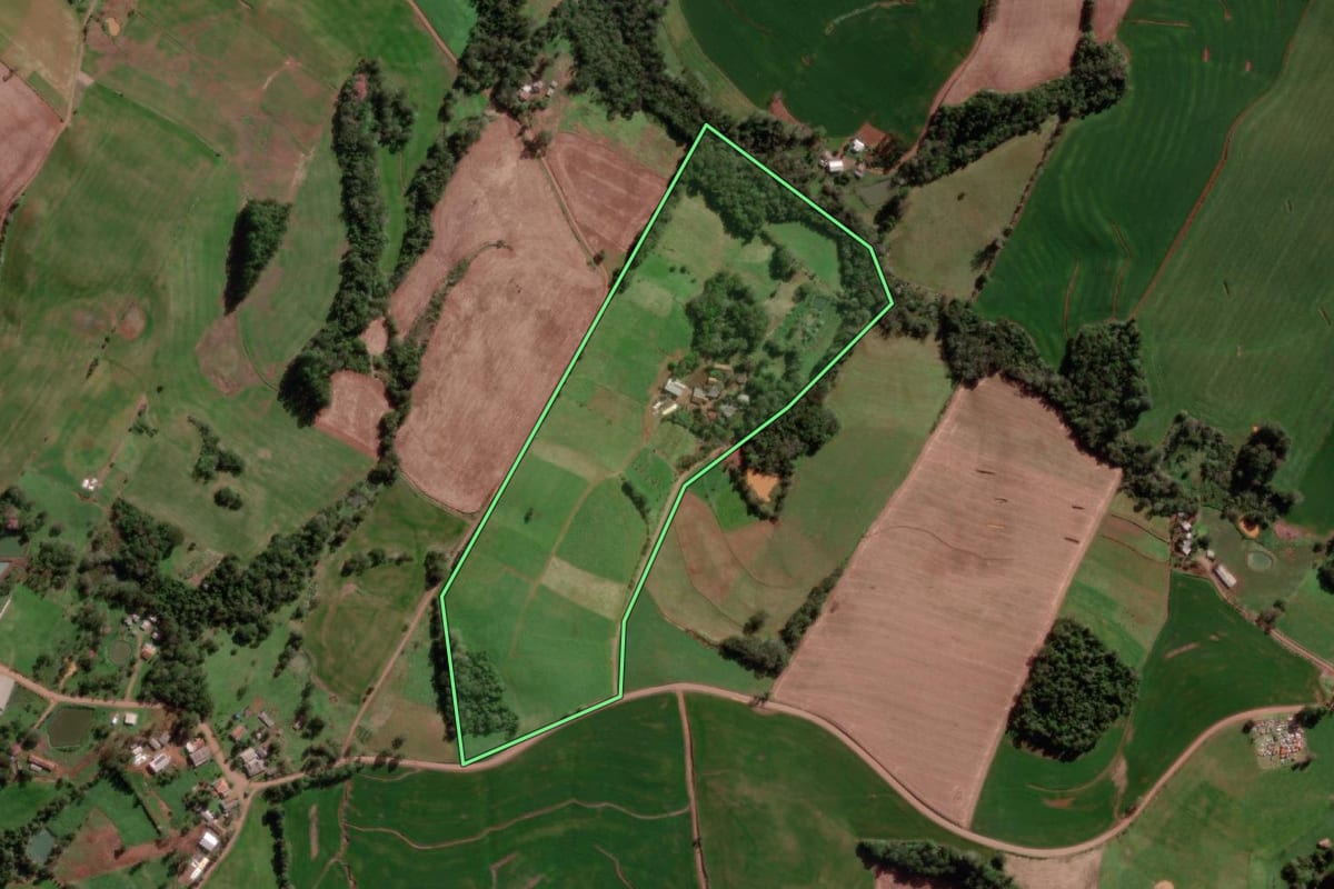 Imagem de satélite do imóvel rural em Miraguaí (RS), com o contorno declarado no CAR desenhado por cima.