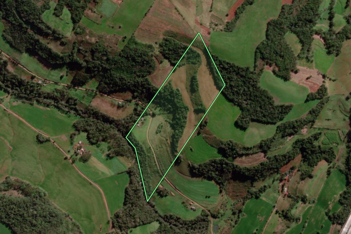 Imagem de satélite do imóvel rural em Miraguaí (RS), com o contorno declarado no CAR desenhado por cima.