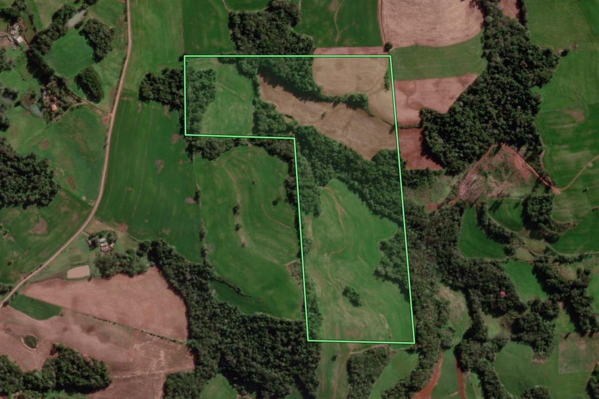 Imagem de satélite do imóvel rural em Miraguaí (RS), com o contorno declarado no CAR desenhado por cima.