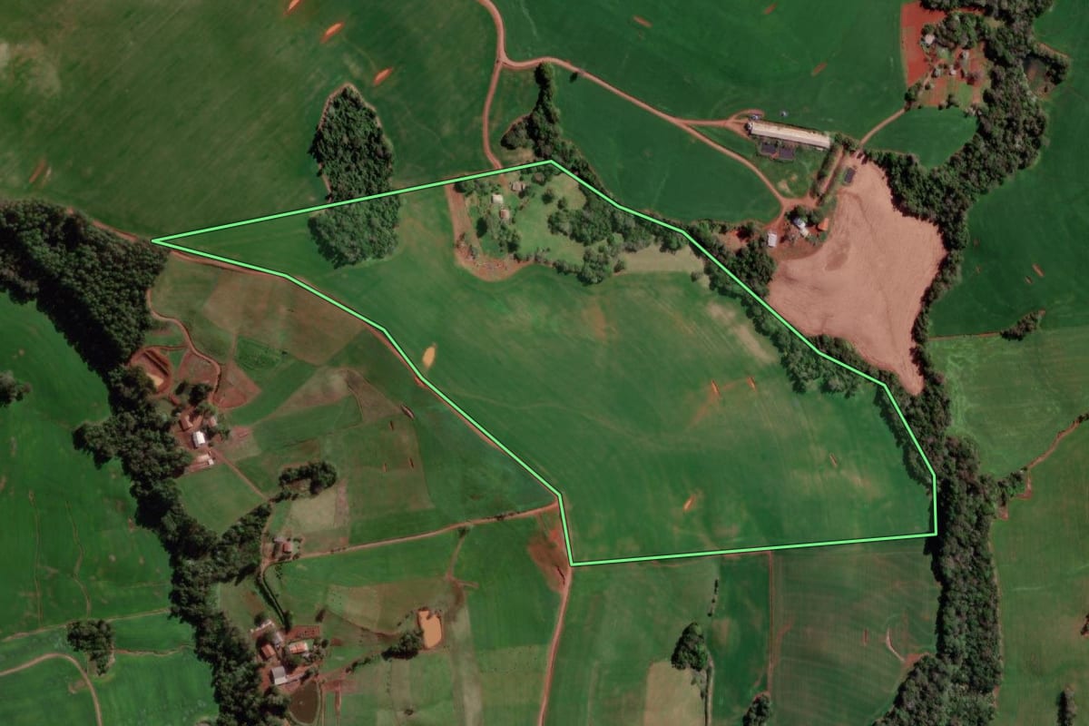 Imagem de satélite do imóvel rural em Miraguaí (RS), com o contorno declarado no CAR desenhado por cima.