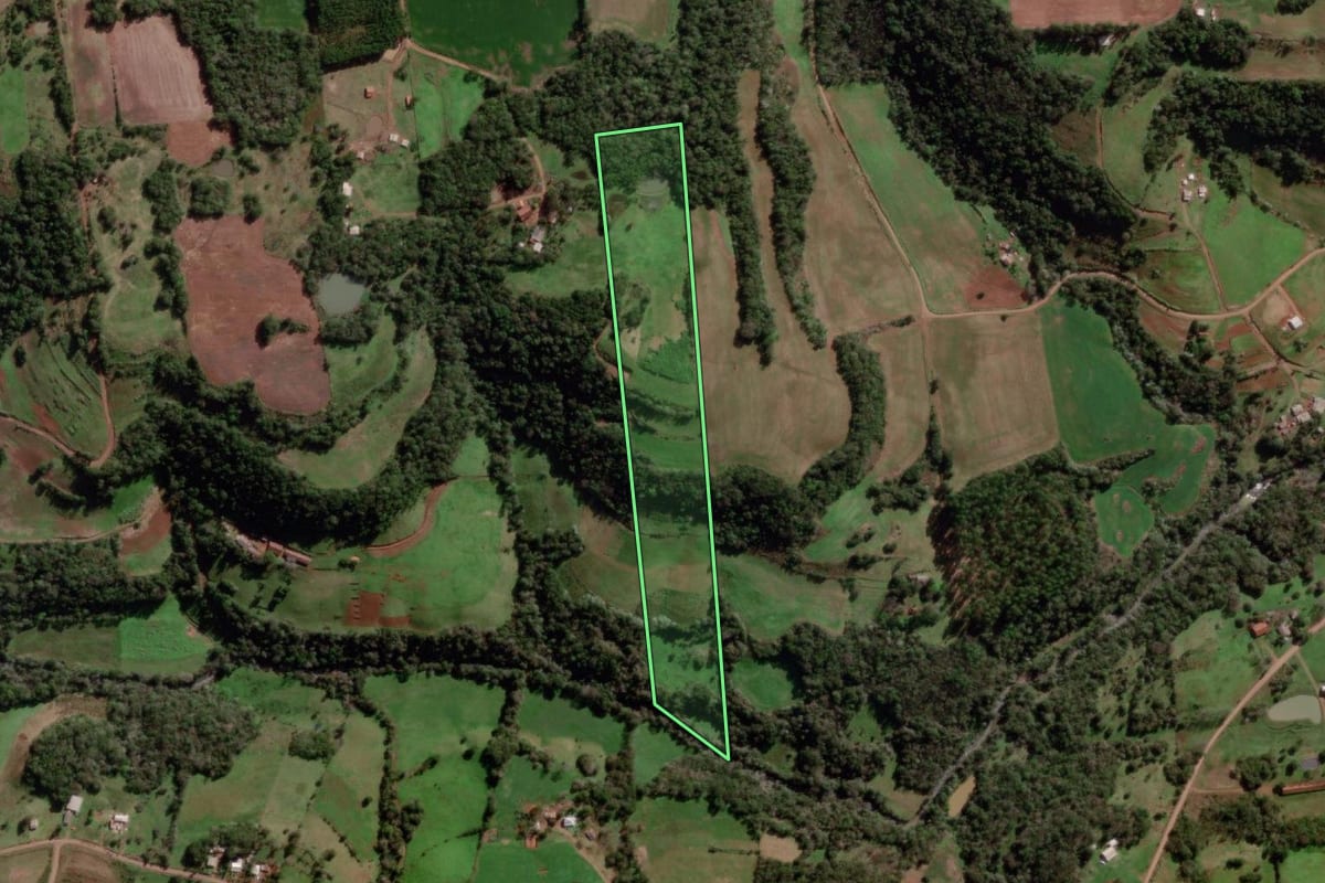 Imagem de satélite do imóvel rural em Miraguaí (RS), com o contorno declarado no CAR desenhado por cima.