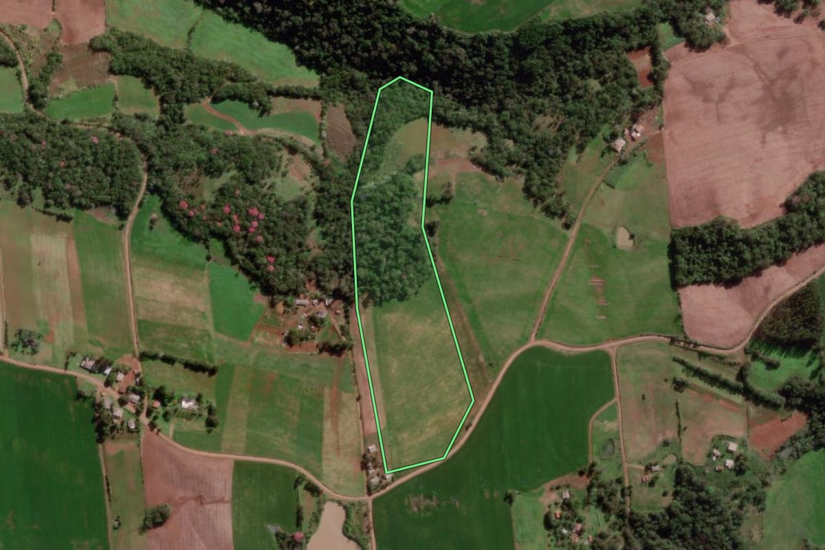 Imagem de satélite do imóvel rural em Miraguaí (RS), com o contorno declarado no CAR desenhado por cima.