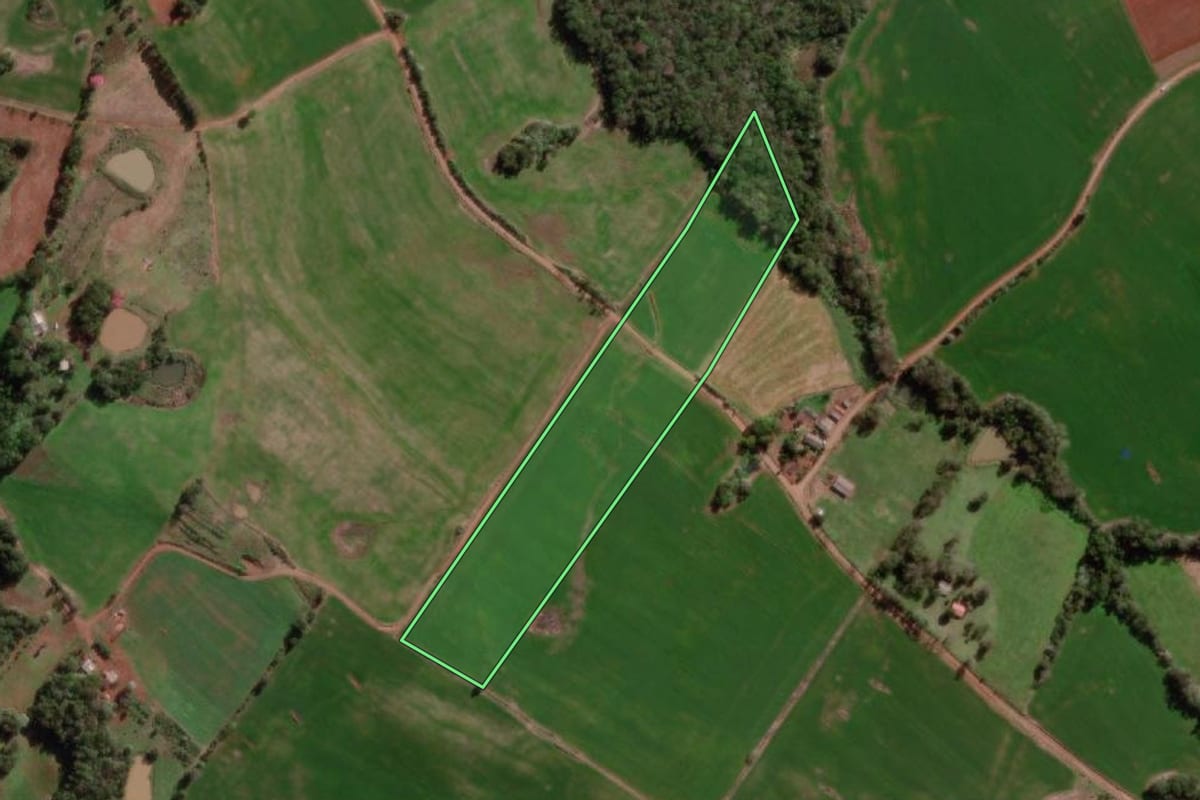 Imagem de satélite do imóvel rural em Miraguaí (RS), com o contorno declarado no CAR desenhado por cima.