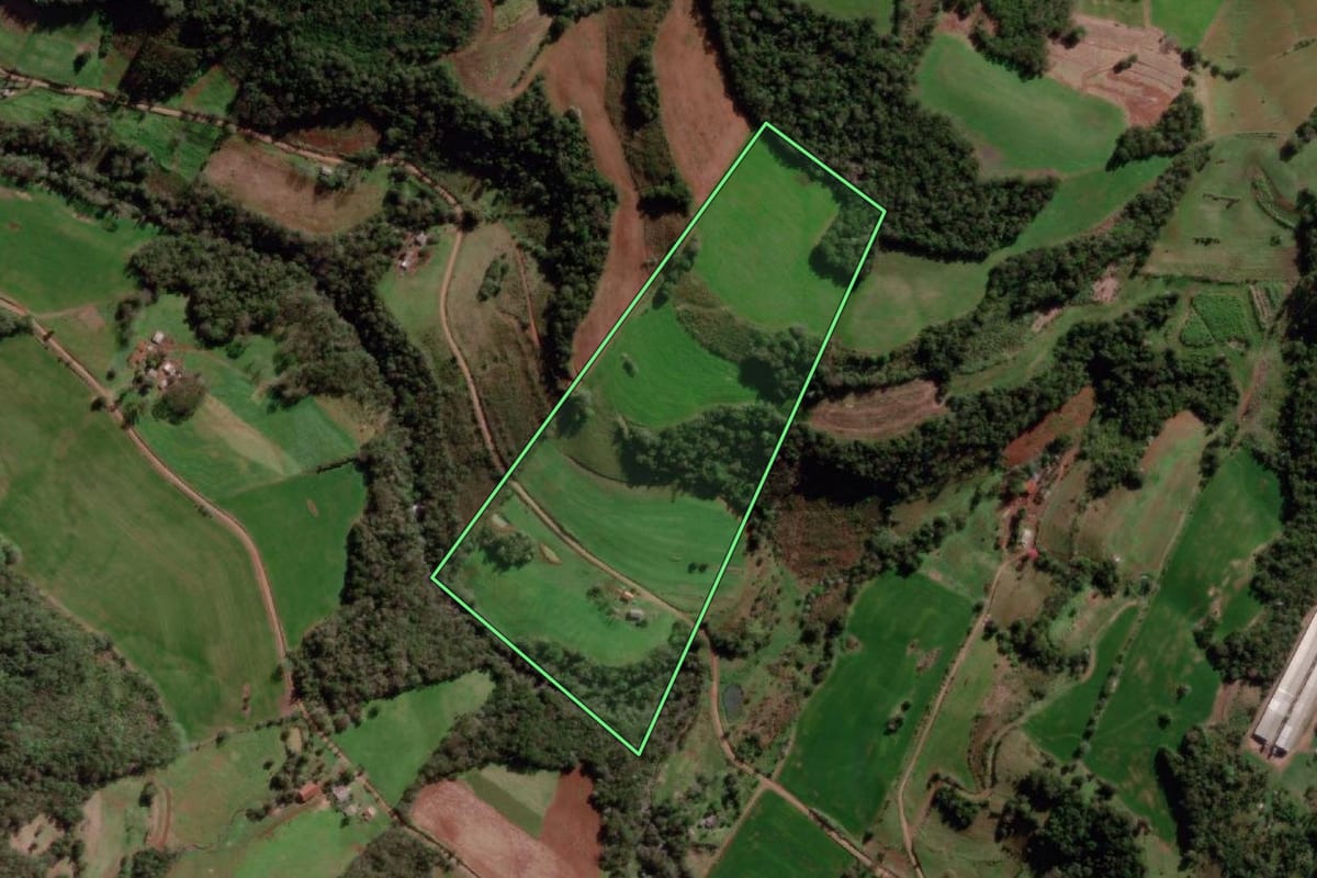 Imagem de satélite do imóvel rural em Miraguaí (RS), com o contorno declarado no CAR desenhado por cima.