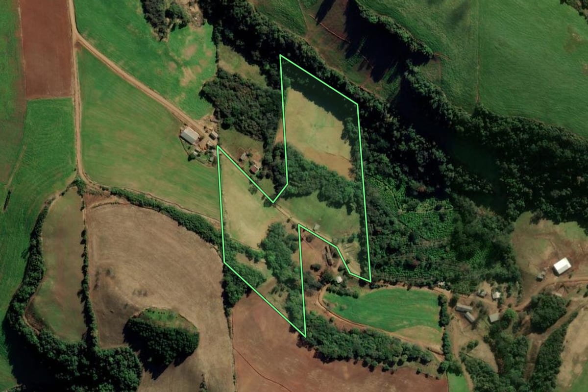 Imagem de satélite do imóvel rural em Montauri (RS), com o contorno declarado no CAR desenhado por cima.