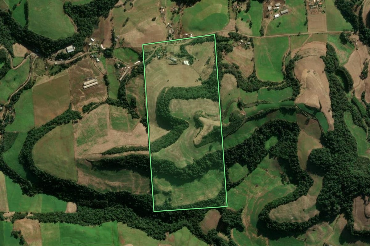 Imagem de satélite do imóvel rural em Montauri (RS), com o contorno declarado no CAR desenhado por cima.