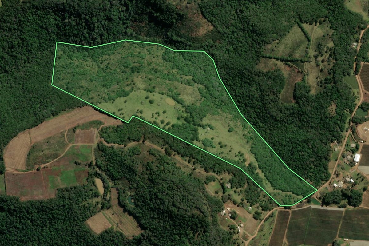 Imagem de satélite do imóvel rural em Monte Alegre dos Campos (RS), com o contorno declarado no CAR desenhado por cima.