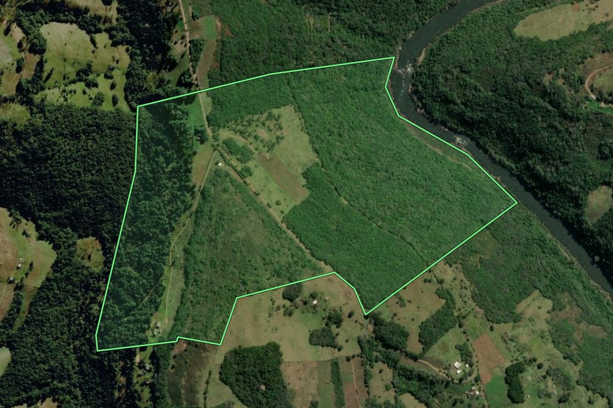 Imagem de satélite do imóvel rural em Monte Alegre dos Campos (RS), com o contorno declarado no CAR desenhado por cima.