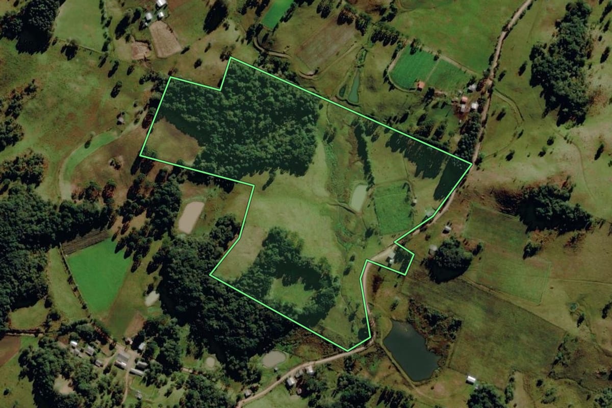 Imagem de satélite do imóvel rural em Monte Alegre dos Campos (RS), com o contorno declarado no CAR desenhado por cima.