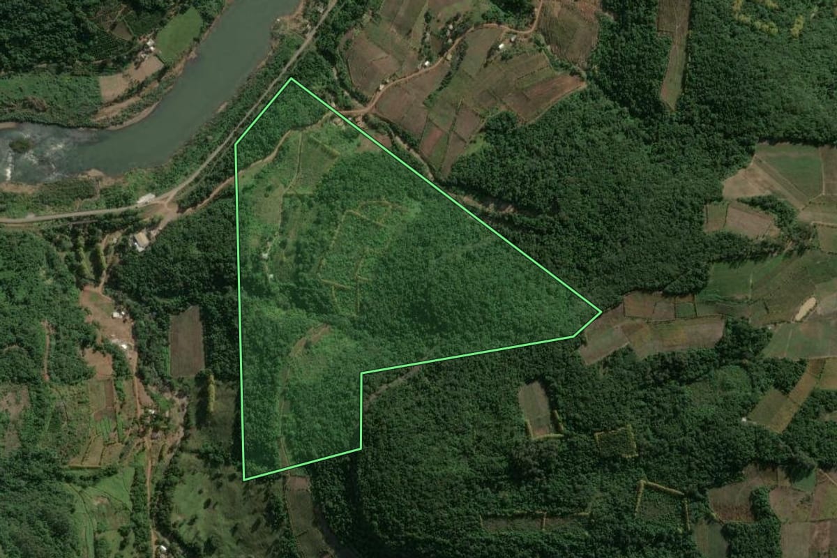 Imagem de satélite do imóvel rural em Monte Belo do Sul (RS), com o contorno declarado no CAR desenhado por cima.
