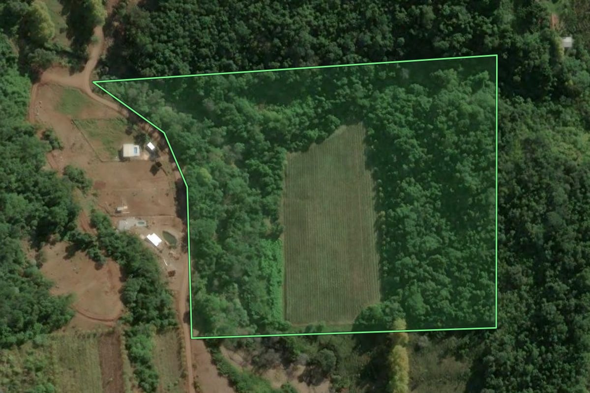 Imagem de satélite do imóvel rural em Monte Belo do Sul (RS), com o contorno declarado no CAR desenhado por cima.