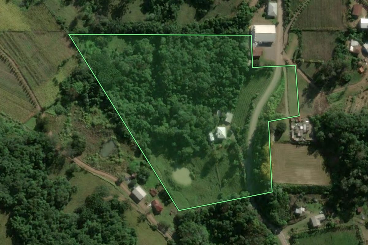 Imagem de satélite do imóvel rural em Monte Belo do Sul (RS), com o contorno declarado no CAR desenhado por cima.