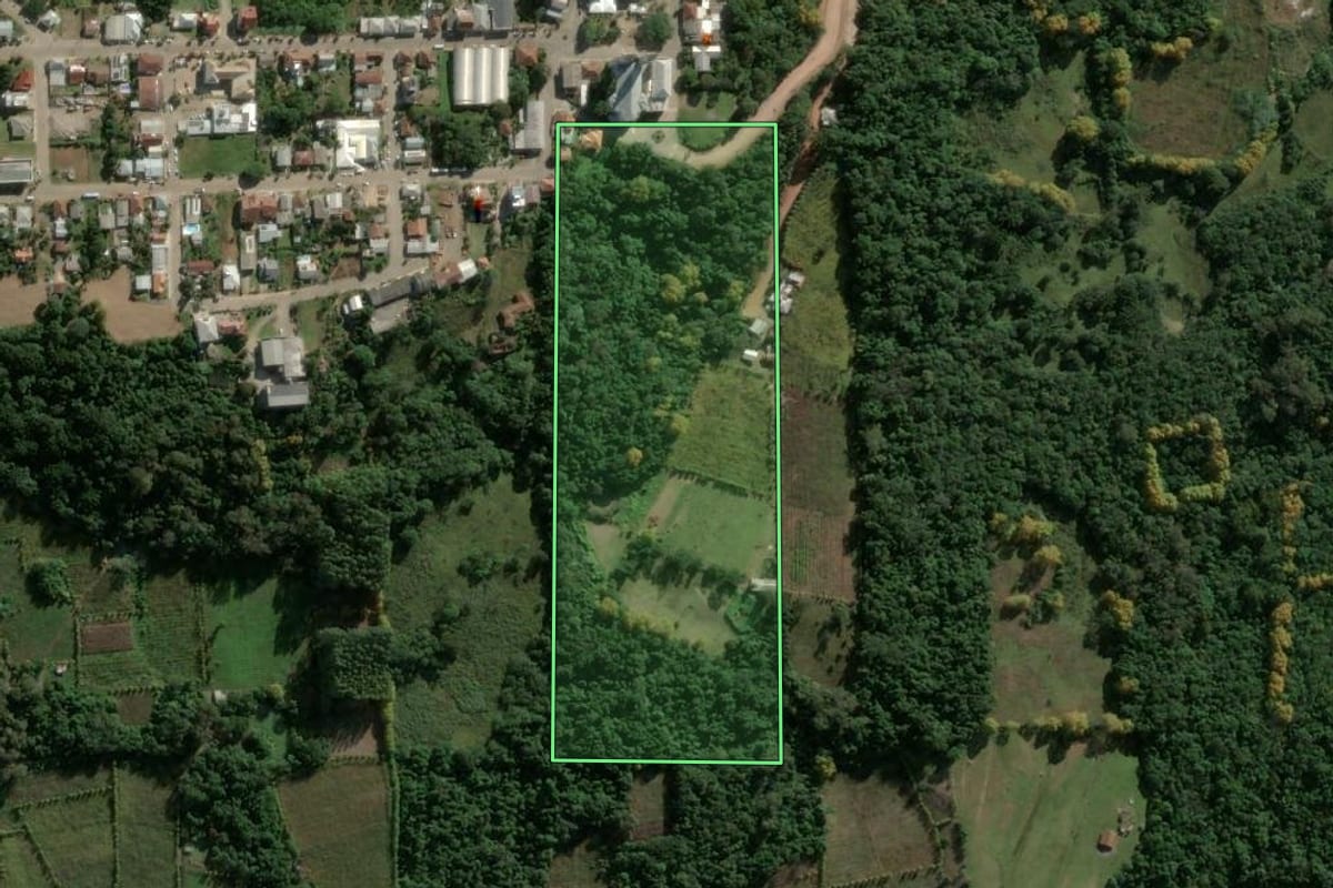 Imagem de satélite do imóvel rural em Monte Belo do Sul (RS), com o contorno declarado no CAR desenhado por cima.