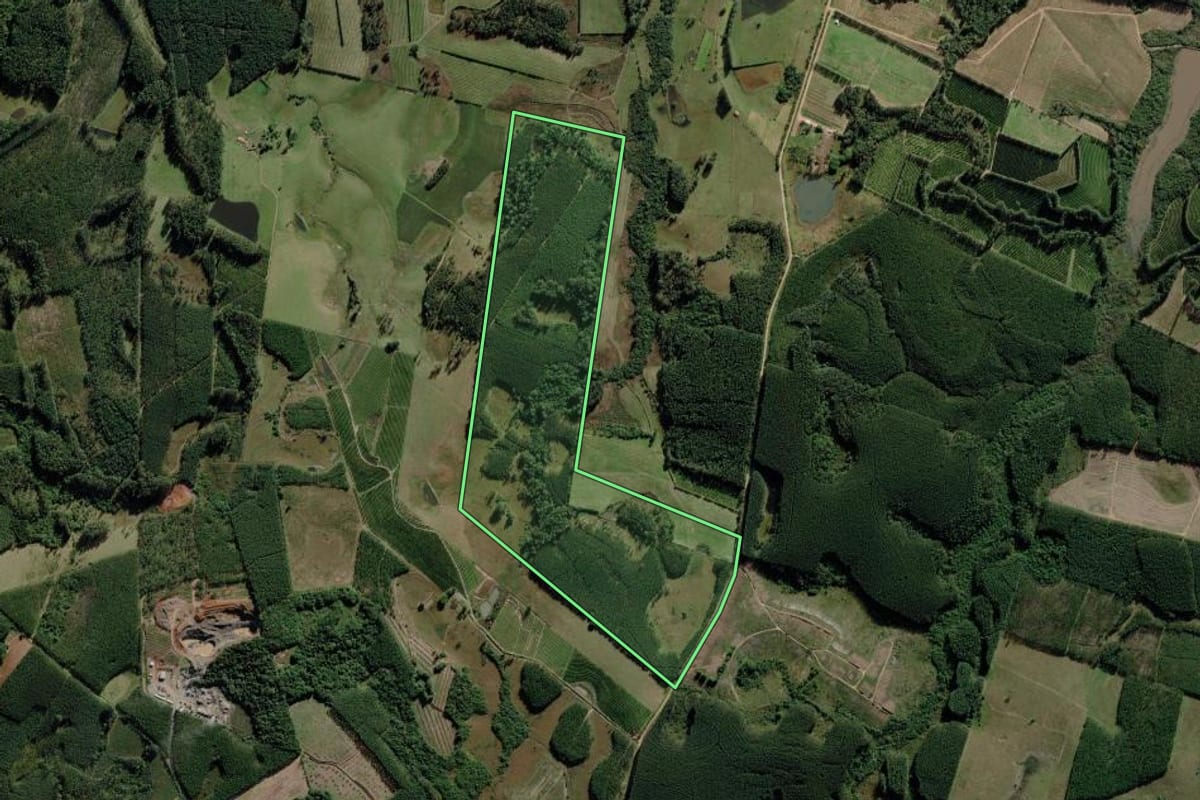 Imagem de satélite do imóvel rural em Montenegro (RS), com o contorno declarado no CAR desenhado por cima.