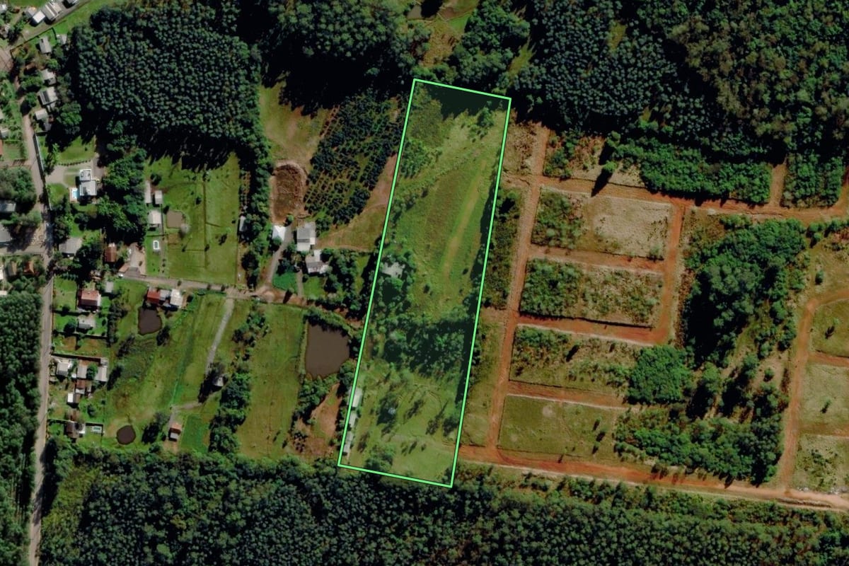 Imagem de satélite do imóvel rural em Montenegro (RS), com o contorno declarado no CAR desenhado por cima.